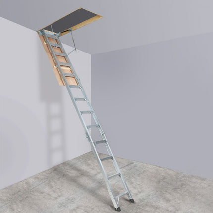 VEVOR telescoopladder 158,8 kg trap 12 treden installatiehoogte van 290 tot 300 cm of 341 tot 366 cm vouwladder aluminium + hout huishoudladder met hydraulisch gedempt afdaalontwerp