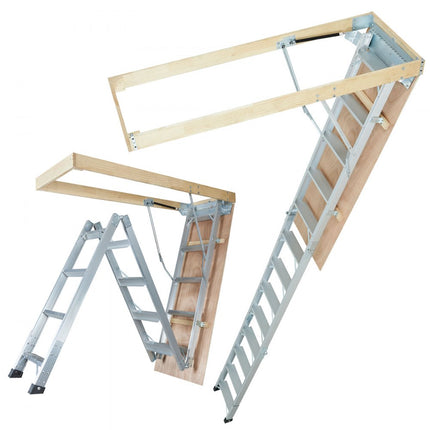 VEVOR telescoopladder 158,8 kg trap 12 treden installatiehoogte van 290 tot 300 cm of 341 tot 366 cm vouwladder aluminium + hout huishoudladder met hydraulisch gedempt afdaalontwerp