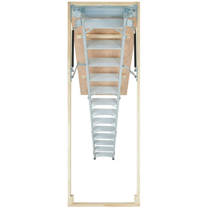 VEVOR telescoopladder 158,8 kg trap 12 treden installatiehoogte van 290 tot 300 cm of 341 tot 366 cm vouwladder aluminium + hout huishoudladder met hydraulisch gedempt afdaalontwerp