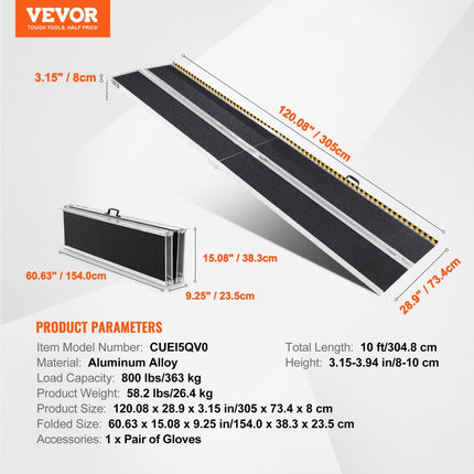 VEVOR Draagbare Rolstoeloprit 3m 363kg Draagvermogen Antislip Aluminium Opvouwbare drempeloprit Opvouwbare rolstoeloprit voor scootmobielen Gehandicapte oprit voor huistrappen Trappen Deuren Stoepranden