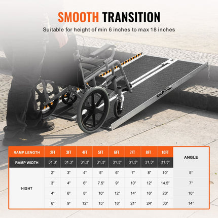 VEVOR Draagbare rolstoelhelling, 72" 363 kg capaciteit, antislip aluminium opvouwbare drempelhelling Opvouwbare scootmobielhelling Rolstoelhelling voor trappen, trappen, deuropeningen, stoepranden