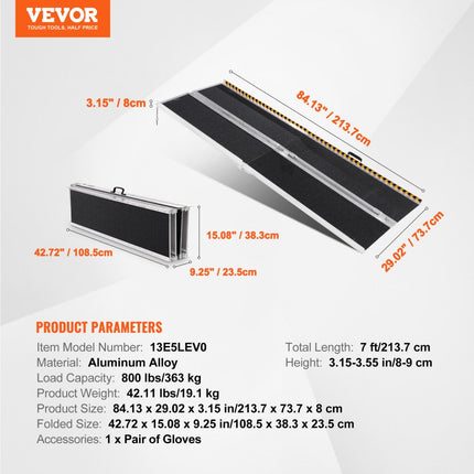 VEVOR draagbare rolstoelhelling, 7ft 8oz laadvermogen, antislip aluminium opvouwbare drempelhelling, opvouwbare rolstoelhelling voor scootmobielen, gehandicaptenhelling voor thuistrappen, trappen, deuren, planken