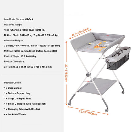 VEVOR luiercombinatie, opklapbare luiertafel, mobiele luiertafel, luierwagen, grijze luiertafel met aankleedkussen, veiligheidsgordel, ruimtebesparend en stabiel, opklapbare luierplank, 15 kg draagvermogen