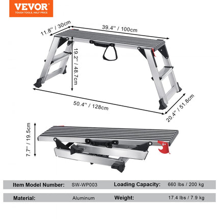 VEVOR aluminium werkplatform opklapbare werkbank 100x30x48,7cm werkplatform 200kg draagvermogen opstapbank met veiligheidssloten trapladder voor thuiskantoor werkplaats & garage zilver