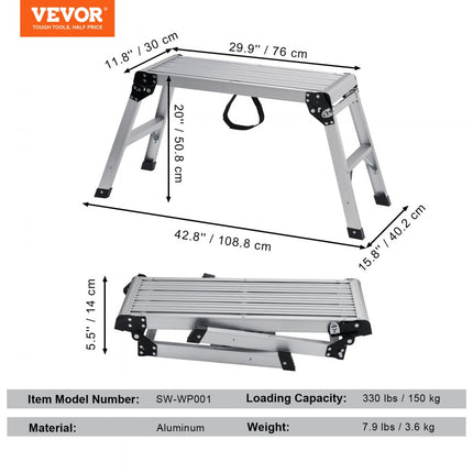 VEVOR aluminium werkplatform opklapbare werkbank 76x30x50,8 cm werkplatform 150 kg draagvermogen opstapbank met veiligheidssloten trapladder voor thuiskantoor werkplaats & garage zilver