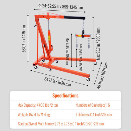 VEVOR motorkrik motorkraan 2t, werkplaatskraan + leveller voor motorkrik 680 kg, inklapbare motorhouder zware stalen motorkraan, werkplaatskraan transmissiekrik hijskraan laadkraan oranje + zwart