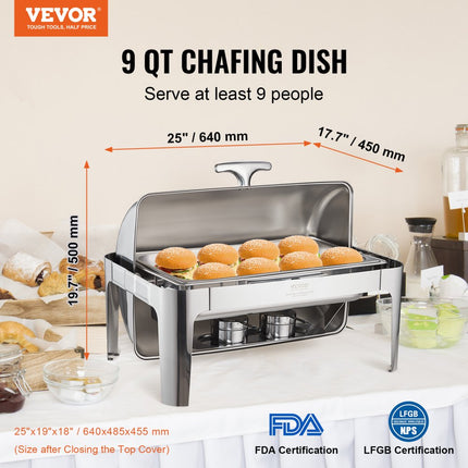 VEVOR RVS chafing dishes set 7,5 L, 1 stuks Voedselverwarmer, warmhoudcontainer, soepverwarmer, voedselwarmhoudcontainer, soeppan, chafing dishes set met 2 brandstofcontainers voor catering, buffet. feest