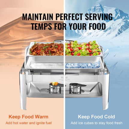VEVOR RVS chafing dishes set 7,5 L, 1 stuks Voedselverwarmer, warmhoudcontainer, soepverwarmer, voedselwarmhoudcontainer, soeppan, chafing dishes set met 2 brandstofcontainers voor catering, buffet. feest