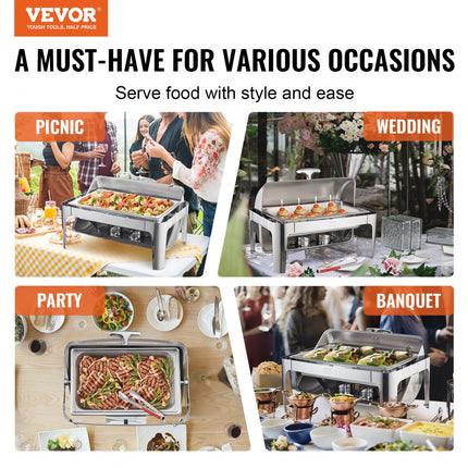 VEVOR RVS chafing dishes set 7,5 L, 1 stuks Voedselverwarmer, warmhoudcontainer, soepverwarmer, voedselwarmhoudcontainer, soeppan, chafing dishes set met 2 brandstofcontainers voor catering, buffet. feest