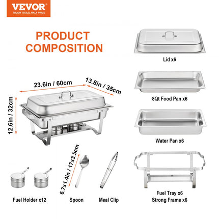 VEVOR 6-delige professionele komfoorset, warmhoudcontainer, roestvrijstalen buffetset, rechthoekig, 6 x 7,5 L, voedselverwarmer 53 x 32,5 x 6,5 cm, per container, voor buffetten, familiefeesten, banketten, bruiloften, etc.