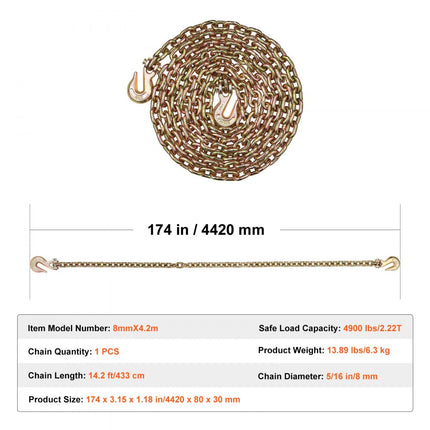 VEVOR trekketting expeditieketting G80 transportbinderketting staal 3.22T 433cmx8mm