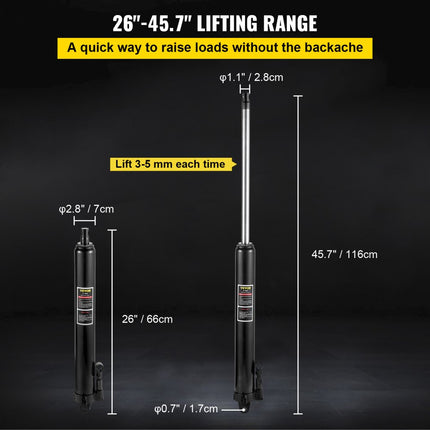 VEVOR Hydraulische lange ramkrik 3T capaciteit met enkele zuigerpomp en gaffelbasis Handmatige hoogwerkerkrik met handvat voor garagewerkkranen Motortakel Zwart