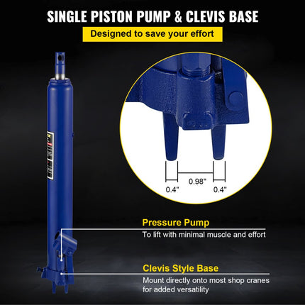 VEVOR Hydraulische lange ramkrik 8T capaciteit met enkele zuigerpomp en gaffelbasis Handmatige hoogwerkerkrik met handvat voor garagewerkkranen Motortakel Blauw