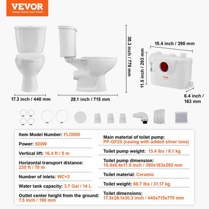 VEVOR Macererend toiletsysteem met 500W pomp-opspoeltoilet voor kelder