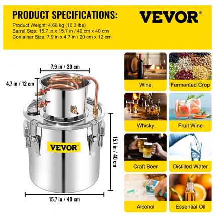 VEVOR Distilleerder Moonshine Still Distiller 50L Distiller Moonshine Still 6,92KG Moonshine Wijn Still Distiller van Roestvrij Staal en Rood Koper