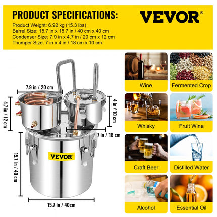 VEVOR Distilleerder Moonshine Still Distiller 6,92KG Distiller Moonshine Still 50L Moonshine Wijn Still Distiller van Roestvrij Staal en Rood Koper
