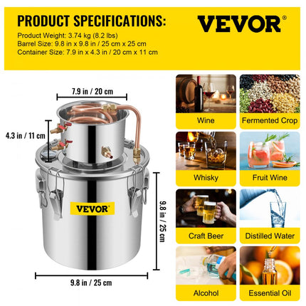 VEVOR Alcohol Distilleerder 3.1gal 12,26l Water Wijn Distilleerder Rood Koperen Pijp Thermometer Geüpdatet