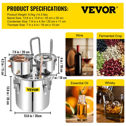 VEVOR Moonshine Still Distiller 32 L Distiller Moonshine Still 46 x 47 x 47 cm Moonshine Alcohol Distilleerder Gemaakt van Roestvrij Staal en Rood
