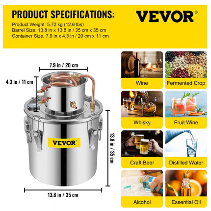 VEVOR Alcohol Distilleerder Water Distilleerder 10Gal 38,5L Water Wijn Distilleerder Thermometer Keramische Kachel Water Pro