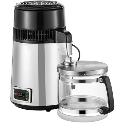 VEVOR Waterdestilleerder 38 x 20,6 cm Water Gedistilleerd Machine 304 Roestvrij Staal Moonshine Still Distiller met 1 L/H Distillatiesnelheid en Instelbare Temperatuur voor Ziekenhuizen Laboratoria