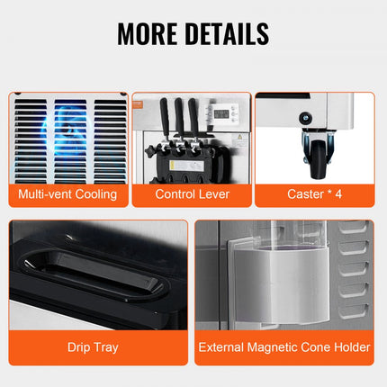 VEVOR Commerciële ijsmachine IJsmachine 21-31L/u Vrijstaande softijsmachine met 3 smaken, 2 x 4,3L roestvrijstalen container, LED-paneel, automatische reiniging, nachtelijke koeling