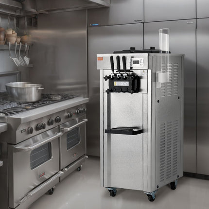VEVOR Commerciële ijsmachine IJsmachine 21-31L/u Vrijstaande softijsmachine met 3 smaken, 2 x 4,3L roestvrijstalen container, LED-paneel, automatische reiniging, nachtelijke koeling
