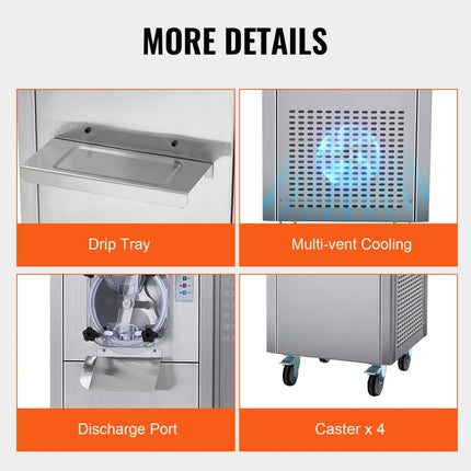 VEVOR Commerciële ijsmachine, 18L/H output, harde ijsmachine met enkele smaak, met wielen, 6L roestvrijstalen cilinder, LED-paneel, automatische voorkoeling met reiniging, voor restaurantsnackbars