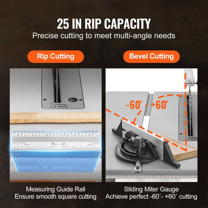 VEVOR tafelzaag 1800W, tafelzaag Ø254mm 4800rpm, 85mm bij 90° doorsnede 55mm bij 45° schuine snede, hoekaanslag -60˚/60˚, ideaal voor het zagen van hout en doe-het-zelf houtbewerkingsprojecten