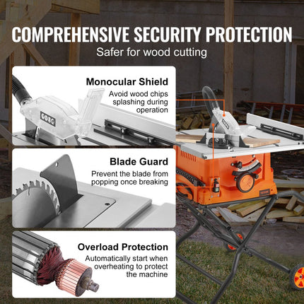 VEVOR tafelzaag 1800W, tafelzaag Ø254mm 4800rpm, 85mm bij 90° doorsnede 55mm bij 45° schuine snede, hoekaanslag -60˚/60˚, ideaal voor het zagen van hout en doe-het-zelf houtbewerkingsprojecten
