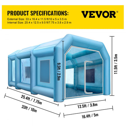 VEVOR opblaasbare spuitcabine 10 x 5 x 3,5 m, opblaasbare spuitcabine met 2 blazers, opblaasbare spuitcabine met filtersysteem, draagbare autolakcabine voor parkeertent werkplek