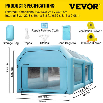 VEVOR draagbare opblaasbare spuitcabine, 7 x 4 x 2,5 m opblaasbare spuitcabine, autolaktent met luchtfiltersysteem en 2 blazers, verbeterde spuitcabinetent, autolakwerkstation