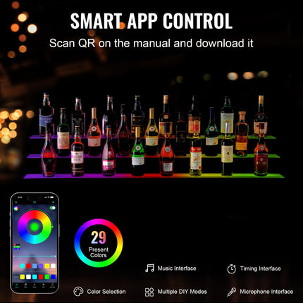 VEVOR Barplank Wijnrek LED-verlichting Wandmontage 3-laags 1522 mm display