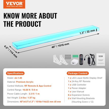 VEVOR barplank wijnrek LED verlichting wandmontage 1-laags 1016mm wand/tafel