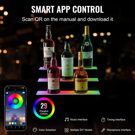 VEVOR Barplank Wijnrek LED-verlichting Wandmontage 3-laags 40 cm display