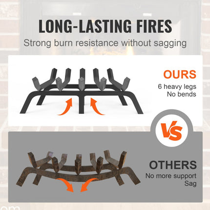 VEVOR Brandhoutrooster, 24" zwaar uitgevoerd open haardrooster met 6 steunpoten, 3/4" massieve gepoedercoate stalen staven, houthouder voor binnen- en buitenhaarden