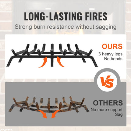 VEVOR Brandhoutrooster 30" Zwaar uitgevoerd open haardrooster met 6 steunpoten, 3/4" massieve gepoedercoate stalen staven, houthouder voor binnen- en buitenhaarden
