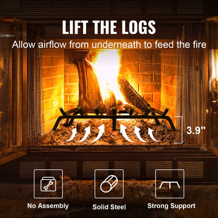 VEVOR Brandhoutrooster 30" Zwaar uitgevoerd open haardrooster met 6 steunpoten, 3/4" massieve gepoedercoate stalen staven, houthouder voor binnen- en buitenhaarden