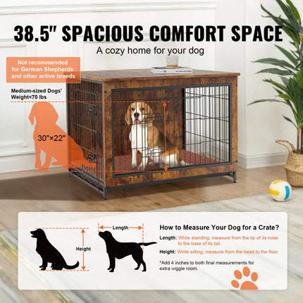 VEVOR hondenkooi 98x65x68cm hondenbox gemaakt van P2 en Q195 vintage bijzettafel draadkooi huisdierenkooi met 2 deuren, lekbak en kussen hondenbox in meubelstijl hondengaasbox