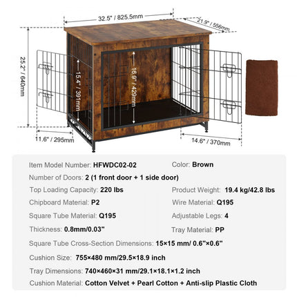 VEVOR hondenkooi 83x56x64cm hondenbox gemaakt van P2 en Q195 vintage bijzettafel draadkooi huisdierenkooi met 2 deuren, lekbak en kussen hondenbox in meubelstijl hondengaasbox