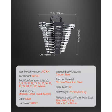 VEVOR sleutelset ratelsleutelset 16-delig metrisch 8-24mm garage