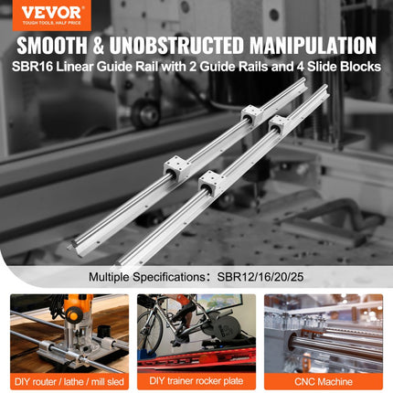VEVOR Lineaire Geleiding Lineaire geleider Lineaire rail 2 stuks SBR16-1000 mm koolstofstaal aluminium geleiderail SBR16UU schuifblokken Lineair
