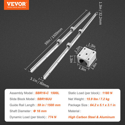 VEVOR Lineaire Geleiding lineaire geleider lineaire rail 2 stuks SBR16-1500mm koolstofstaal aluminium geleiderail SBR16UU schuifblokken lineair lager