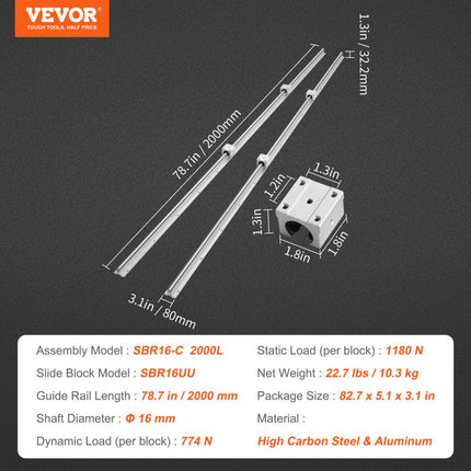 VEVOR Lineaire geleiderailset, SBR16 2000 mm, 2 stuks 78,7 "/2000 mm SBR16 geleiderails en 4 stuks SBR16UU schuifblokken, lineaire rails en lagerset voor geautomatiseerde machines, doe-het-zelf-project