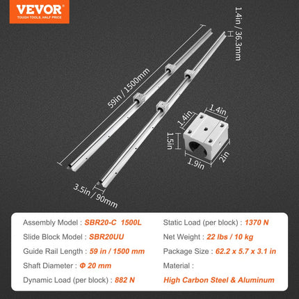 VEVOR Lineaire Geleiding Lineaire geleider Lineaire rail 2 stuks SBR20-1500mm koolstofstaal aluminium geleiderail SBR20UU glijblokken Lineaire