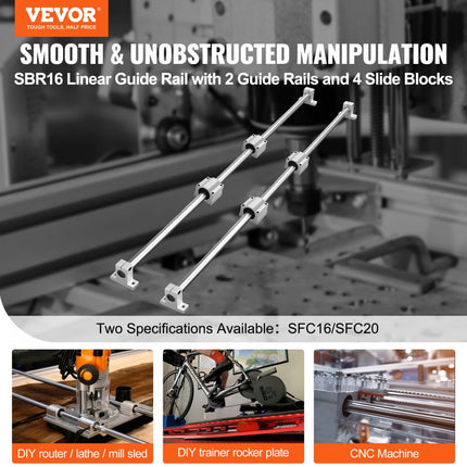 VEVOR lineaire geleiderailset, SFC16 1000 mm, 2 stuks 39,4 "/1000 mm SFC16 geleiderails, 4 stuks SC16 schuifblokken, 4 stuks railsteunen, lineaire rails en lagerset voor geautomatiseerde ma