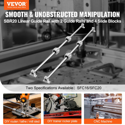 VEVOR lineaire geleiderailset, SFC20 1200 mm, 2 stuks 39,4"/1000 mm SFC20 geleiderails, 4 stuks SC20 schuifblokken, 4 stuks railsteunen, lineaire rails en lagerset voor geautomatiseerde ma