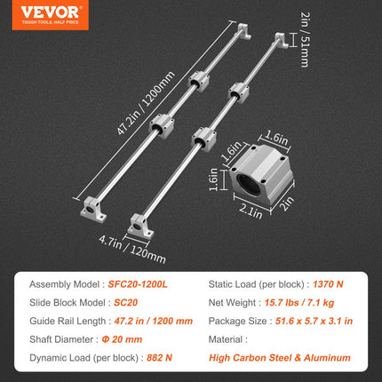 VEVOR lineaire geleiderailset, SFC20 1200 mm, 2 stuks 39,4"/1000 mm SFC20 geleiderails, 4 stuks SC20 schuifblokken, 4 stuks railsteunen, lineaire rails en lagerset voor geautomatiseerde ma