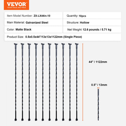 VEVOR Metalen trapbalusters 13x13x1122mm Decoratieve gegalvaniseerde stalen relingspindels 10-pack dekbalusters met holle wendingen Satijnzwarte spiraaltrapleuning
