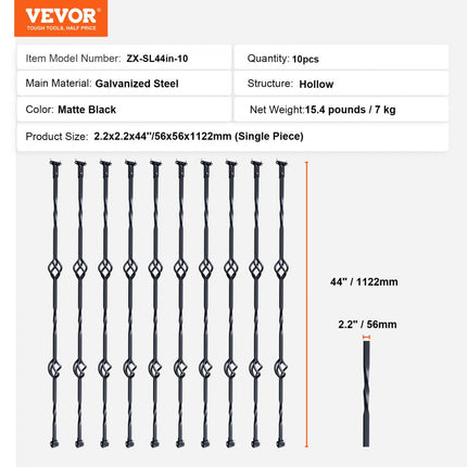 VEVOR metalen trapleuning, 56x56x1122 mm decoratieve gegalvaniseerde stalen relingspindels, 10-pack reling met holle dubbele manden, spiraalvormige trapleuning met schoenen en schroeven