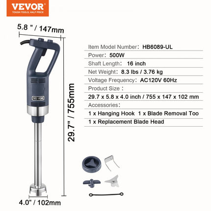 VEVOR Commerciële Handmixer Mengstaaf 500W Hoogwaardige Handmixer Soepsauzen